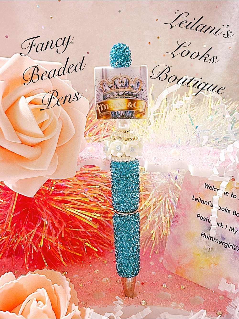 Turquoise Fancy Beaded Pen/crown/flowers beads